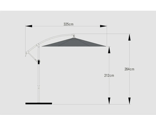 Schéma technique d''un parasol avec des dimensions de 325 cm de largeur et 264 cm de hauteur.