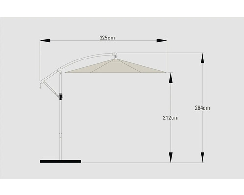 Dimensions d''un parasol : 325 centimètres de large, 264 centimètres de haut et 212 centimètres de hauteur de support