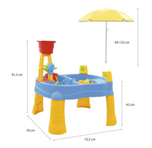 Sand- und Wassertisch mit Sonnenschirm und Zubehör, Abmessungen sind im Bild dargestellt