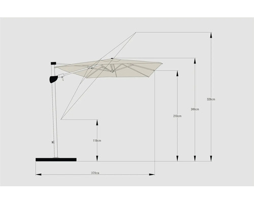 Technische Zeichnung eines Sonnenschirms mit Maßangaben