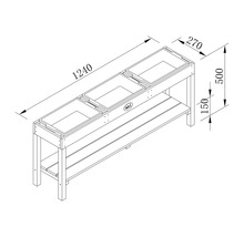 Technische Zeichnung eines AXI Sand- und Wassertisches mit den Maßen 1240 mm Länge, 270 mm Breite und 500 mm Höhe.