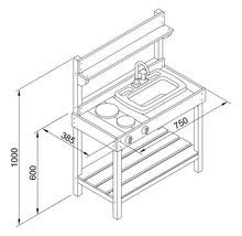 Illustration einer Spielküche mit Spüle, Kochfeldern und Ablageflächen mit Maßangaben