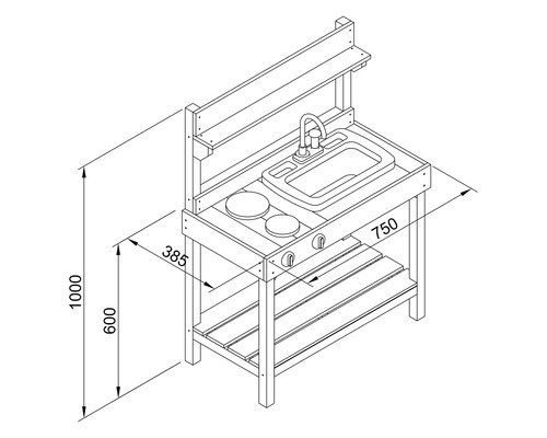 Illustration einer Spielküche mit Spüle, Kochfeldern und Ablageflächen mit Maßangaben