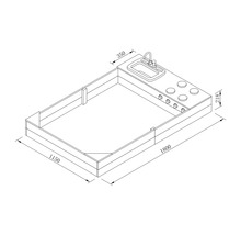 Dessin technique d''une cuisine pour enfants avec évier et plaque de cuisson, dimensions 1800 x 1150 x 350 x 218 millimètres.