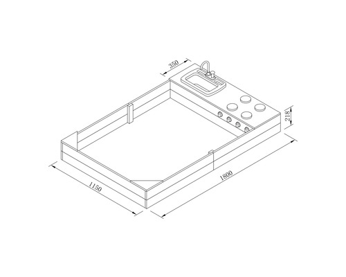 Dessin technique d''une cuisine pour enfants avec évier et plaque de cuisson, dimensions 1800 x 1150 x 350 x 218 millimètres.