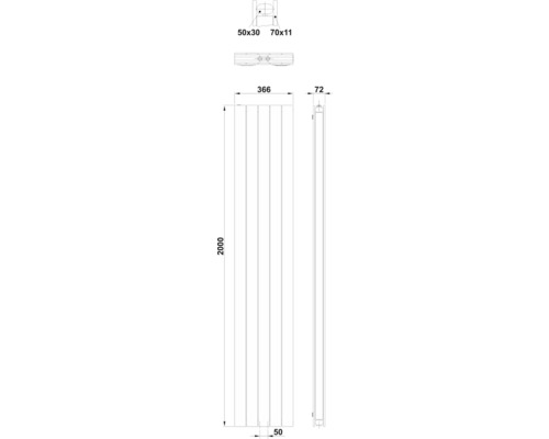 Masszeichnung Heizkörper mit den Angaben: 2000 mm Höhe, 366 mm Breite, 72 mm Tiefe.