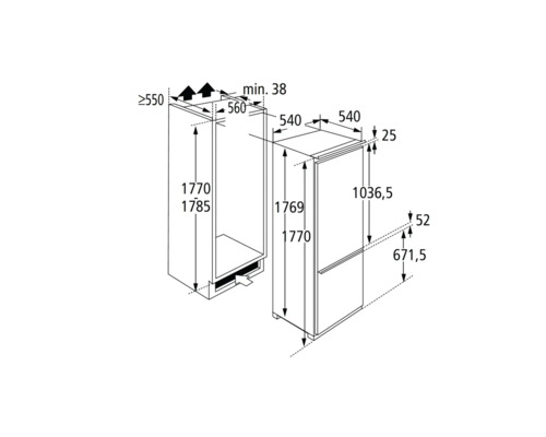 Schéma coté d''un réfrigérateur avec dimensions détaillées