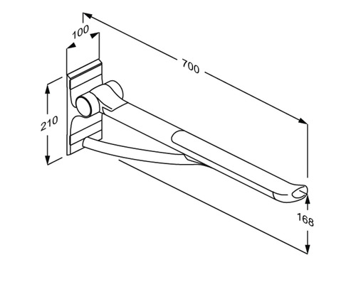 Technische Zeichnung eines klappbaren Stützgriffs mit Maßangaben.
