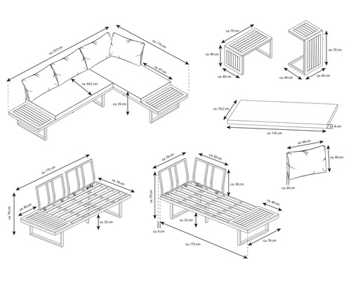Maße einer Loungegruppe für den Garten mit Ecksofa, Sesseln und Tisch