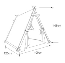 Illustration d''une tente de jeu pour enfants mesurant 120 cm x 100 cm x 105 cm.