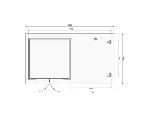 Grundrisszeichnung eines Gartenhauses mit Maßangaben