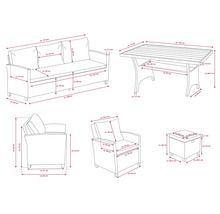 Dimensions d''un ensemble de meubles de jardin composé d''un canapé, de deux chaises, d''une table et d''un tabouret