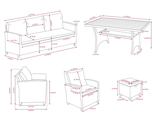 Dimensions d''un ensemble de meubles de jardin composé d''un canapé, de deux chaises, d''une table et d''un tabouret