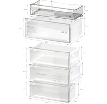 Explosionsansicht von vier transparenten Kühlschrank Schubladen mit Maßangaben.