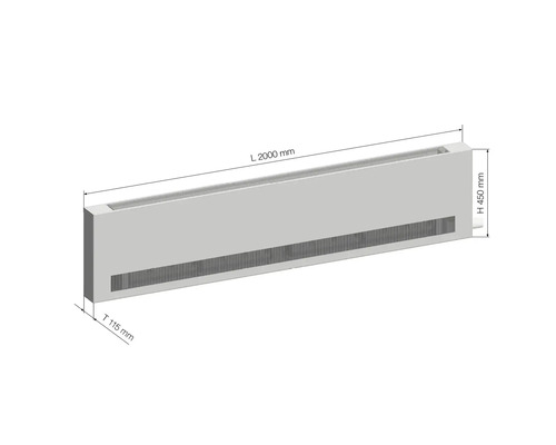 Heizkörperkonvektor mit den Maßen 2000 mm Länge, 450 mm Höhe und 115 mm Tiefe.