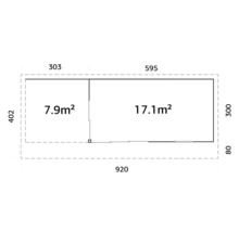 Gartenhaus Palmako Andrea 17,1+7,9 m² Schiebetür Isolierglas inkl. Fußboden 920 x 402 cm grau