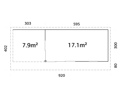 Grundriss eines Gartenhauses mit den Maßen 920 x 402 cm.
