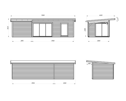 Technische Zeichnung eines Gartenhauses mit Maßangaben