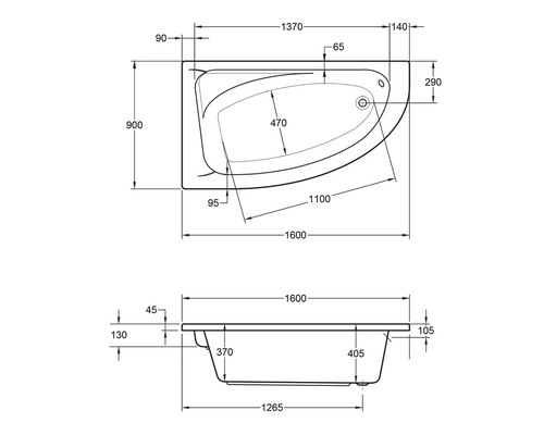 Schéma technique d''une baignoire avec dimensions