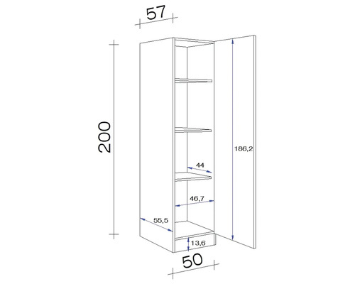 Technische Zeichnung eines Hochschranks mit offenen Türen und Innenmaßen in Zentimetern
