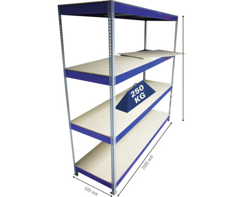 Étagère métallique avec quatre tablettes, dimensions 600 mm x 2000 mm, capacité de charge 250 kg