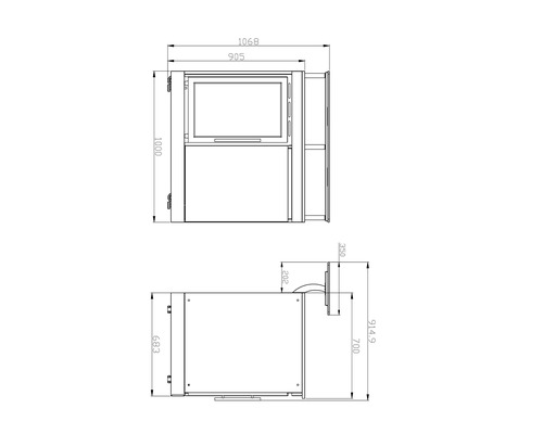 Dessin technique d''un insert de cheminée avec dimensions