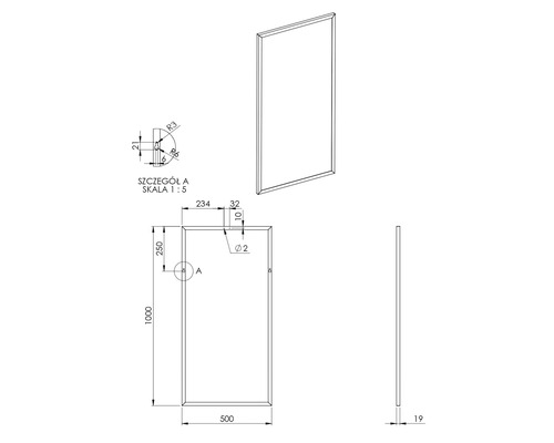Dessin technique d''un miroir rectangulaire avec dimensions