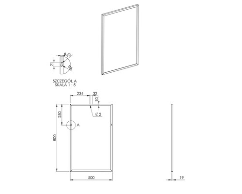 Schéma technique d''un miroir rectangulaire avec cadre et dimensions