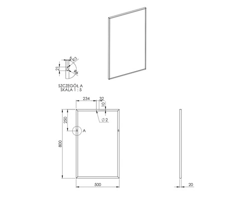 Schéma technique d''un miroir rectangulaire avec dimensions