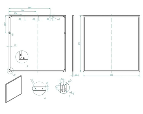 Dessin technique d''un miroir avec dimensions