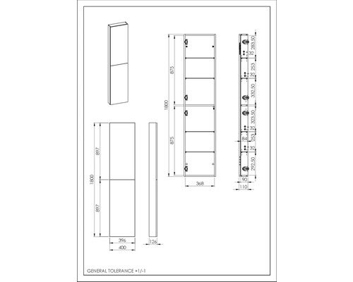 Technische Zeichnung eines Schranks mit Maßangaben