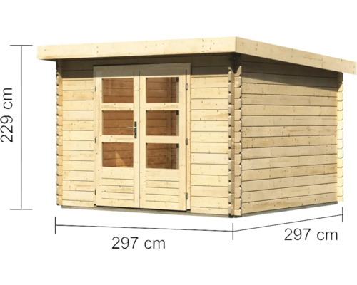 Holzgartenhaus mit den Maßen 297 mal 297 mal 229 Zentimeter
