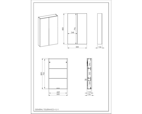 Technische Zeichnung eines Spiegelschranks mit Maßangaben