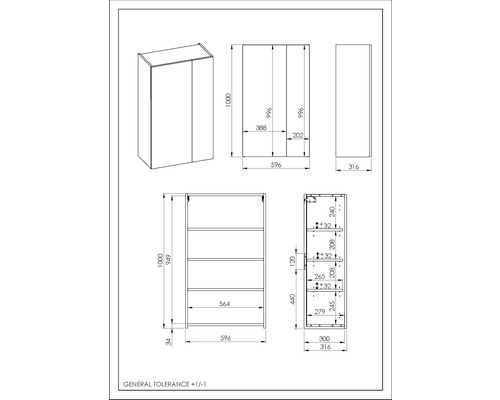 Technische Zeichnung eines Badezimmerschranks mit Maßangaben