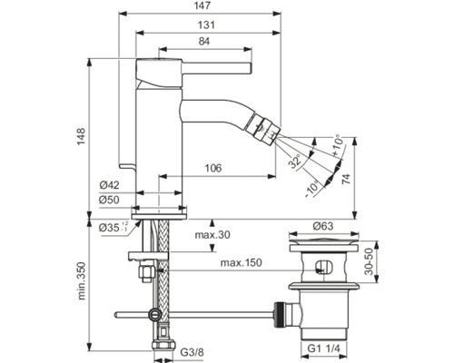 Technische Zeichnung einer Bidetarmatur mit Abmessungen