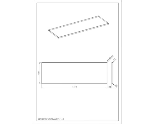 Technische Zeichnung einer rechteckigen Platte mit den Maßen 1410 x 460 Millimeter