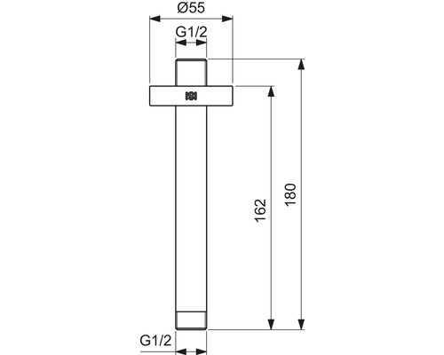 Technische Zeichnung eines Anschlusses mit den Maßen Durchmesser 55 Millimeter, Gewinde G 1/2 und Höhen von 162 und 180 Millimetern.