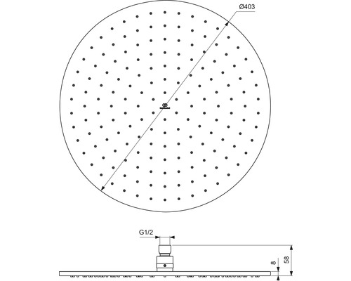 Technische Zeichnung eines Duschkopfes mit den Maßen Durchmesser 403 Millimeter und G 1/2 Zoll Anschluss