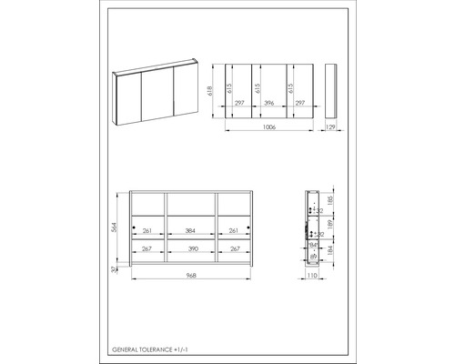 Technische Zeichnung eines Spiegelschrankes mit Maßangaben