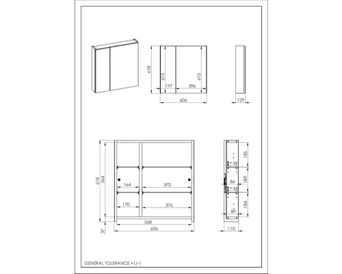 Technische Zeichnung eines Spiegelschrankes mit Maßen