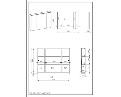 Technische Zeichnung eines Spiegelschrankes mit Maßen.