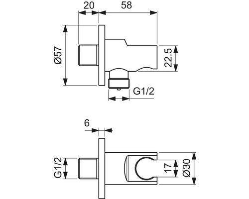 Technische Zeichnung eines Duschanschlusses mit Maßangaben