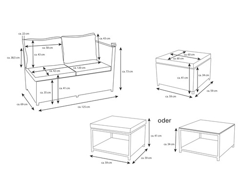 Schéma d''un ensemble de salon de jardin avec canapé et tables avec dimensions
