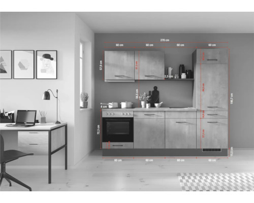Cuisine équipée avec éléments hauts et bas, cuisinière électrique avec four et bureau adjacent
