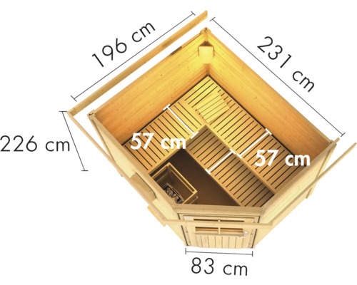 Draufsicht der Abmessungen einer Holzsauna mit einer Höhe von 226 cm, einer Länge von 196 cm, einer Breite von 231 cm, einer Sitzbreite von 57 cm und einer Türbreite von 83 cm.