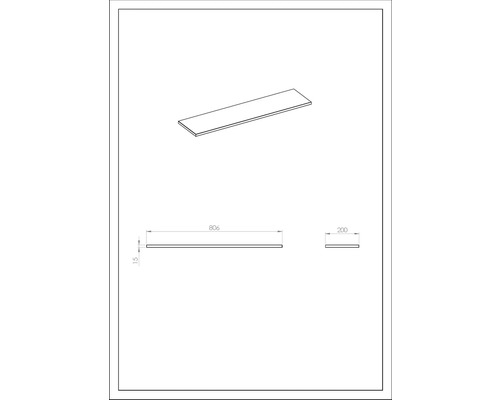 Dessin technique d''une étagère de dimensions 806 mm de long, 200 mm de large et 15 mm d''épaisseur.