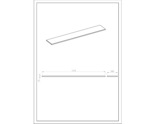 Dessin technique d''un plan de travail mesurant 1210 x 200 x 15 millimètres.