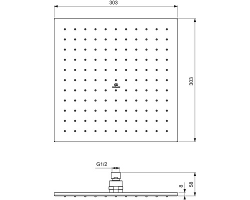 Technische Zeichnung eines quadratischen Duschkopfes mit den Maßen 303 x 303 Millimeter und einem G 1/2 Anschluss.