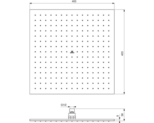 Technische Zeichnung eines Duschkopfs mit Maßangaben