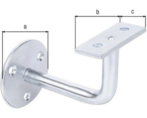 Geländerhalterung aus Metall mit Maßangaben a, b und c.